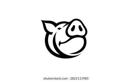 Black and white vector logo design showing a smiling pig head outline with cute ears and a big snout isolated on a white background.