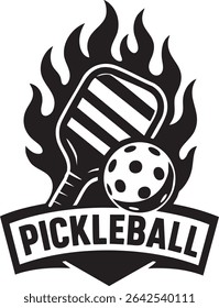 A black and white vector logo featuring a pickleball paddle, ball, flames, and the word "PICKLEBALL" in bold letters.
