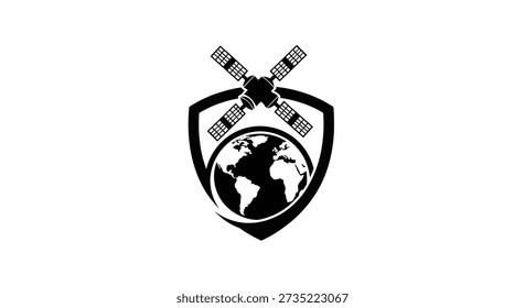 A black and white vector logo featuring a shield enclosing a stylized globe with a satellite overhead. The satellite has solar panels. Editable vector file.