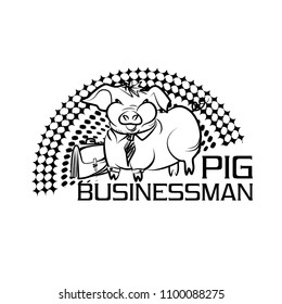 Black and white vector logo with a funny pig businessman. Cute fat hog in an office suit with a tie and briefcase, simple flat clipart