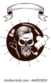 Black and white Vector logo for men's barber shop in hipster style. Skull in hipster style. Set of vector objects for burber shop. Logo, sticker, print for men's barber shop.