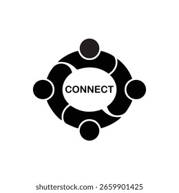 Logotipo vetorial preto e branco mostrando quatro pessoas formando um círculo com a palavra conectar no centro simbolizando a unidade do trabalho em equipe e colaboração