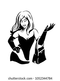 Black and white vector logo silhouette of a fashionable young girl for brands, fashion magazines, covers, advertising and promotion of discounts in stores and hairdressers.
