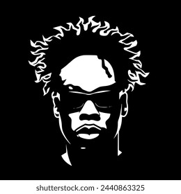 Ilustración del estilo del logotipo del vector blanco y negro de un rostro masculino formado por sombras, vista frontal, afroamericano, usando gafas de sol