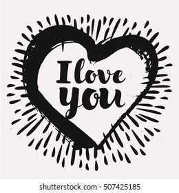 Black and white vector love cards template. Hand drawn lettering in ink patterns, calligraphic phrase for your design: I love you. Graphic elements for print and posters or postcards.
