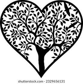 black and white vector love tree drawing, suitable for metal and wood cutting