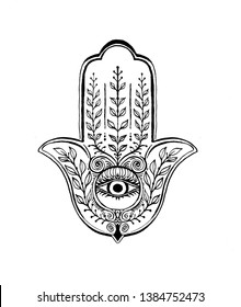 black and white vector luck amulet hamsa with leaves and an eye inside
