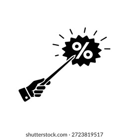 Black and white vector magic wand pointing at percentage sign sale badge retail discount concept
