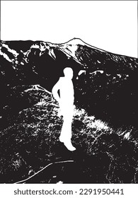 Black and white vector of a male human silhouette looking at the horizon from the volcano Etna