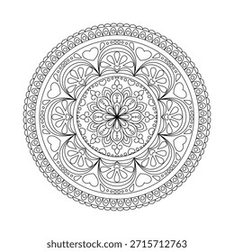 Mandala de vetor preto e branco para coloração.
Mandala decorativa desenhada à mão com elementos florais e geométricos simétricos. Contorno limpo, sem preenchimentos, isolado no fundo branco. Perfeito para livros de colorir adultos, atividades de relaxamento e meditação, arte-terapia, páginas imprimíveis, cartazes, tatuagens, design têxtil, corte a laser e projetos criativos DIY. Ilustração vetorial totalmente editável.
