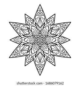 Black and white vector mandala on white background. Adult coloring page element. Oriental mandala ornament isolated. Floral lace round stamp. Meditation hobby coloring pattern. Stay at home activity