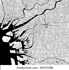 Black - white vector map of Osaka, Japan, Honshu. City plan Osaka.Vector illustration.