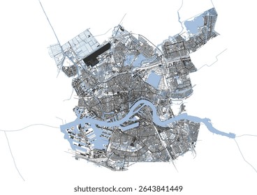 carte d'Images vectorielles en noir et blanc de Rotterdam mettant en évidence ses autoroutes, ses bâtiments et ses voies navigables