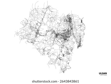  black and white vector map of Ulsan highlighting its highways, buildings, and waterways