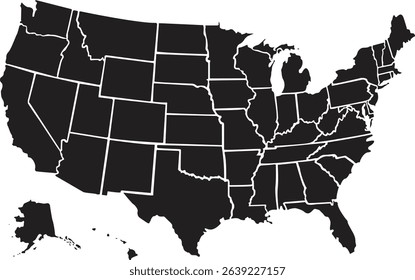 Black and white vector map of the United States of America with all 50 states outlined. Clean, minimal design ideal for infographics, education, prints, independence day and digital design projects.