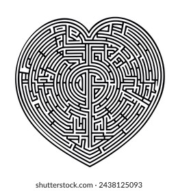 Black and white vector maze love heart shows several intricate paths that make up the complex labyrinth of love. Isolated ornamental modern beautiful design.