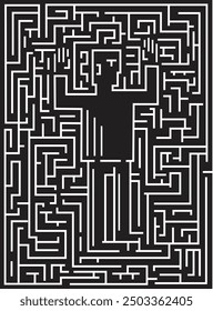 Black and white vector maze pattern, geometric puzzle challenge for lost soul seeking exit