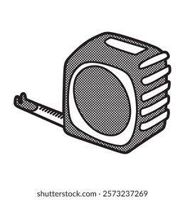 black and white vector, measuring tape box extending, tilted left