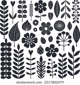 A black and white vector minimalist floral pattern featuring a variety of leaves, flowers, and stems. The design has a clean and simple aesthetic with geometric shapes and lines. 
