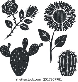 um padrão floral minimalista vetor preto e branco com uma variedade de flores e plantas. O design inclui rosas, girassóis e cactos, todos com linhas limpas e formas simples