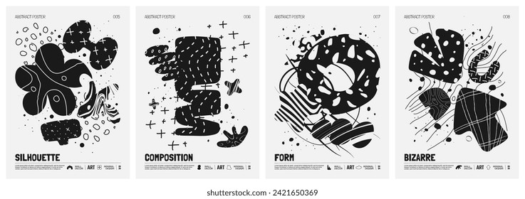 Black and White vector minimalistic Posters with bizarre abstract geometric unusual shapes and forms with textures in matisse style, Hand drawn modern wall art with aesthetic naive figures, set 2