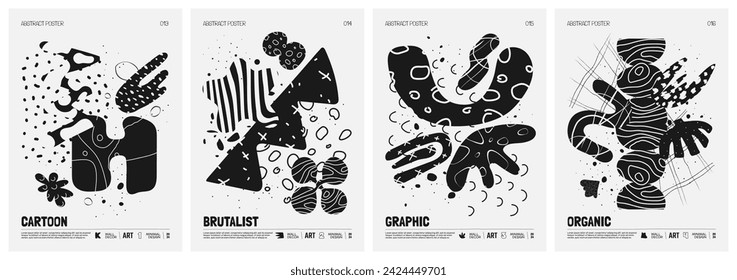 Vector blanco y negro minimalista Pósters con formas extrañas geométricas abstractas y extrañas con texturas en estilo matisse, arte de pared moderno dibujado a mano con figuras naive estética, conjunto 4