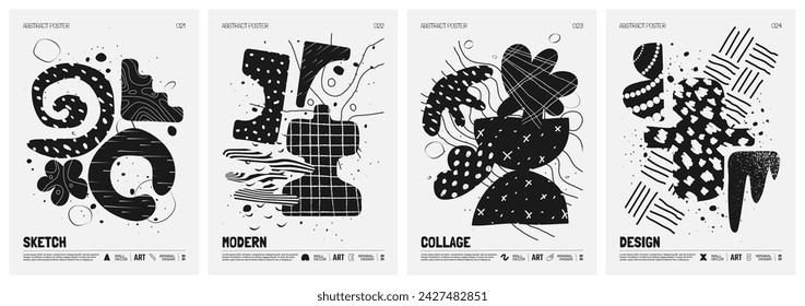 Black and White vector minimalistic Posters with bizarre abstract geometric unusual shapes and forms with textures in matisse style, Hand drawn modern wall art with aesthetic naive figures, set 6