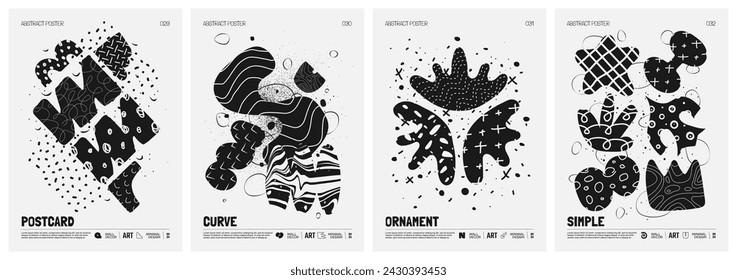 Black and White vector minimalistic Posters with bizarre abstract geometric unusual shapes and forms with textures in matisse style, Hand drawn modern wall art with aesthetic naive figures, set 8