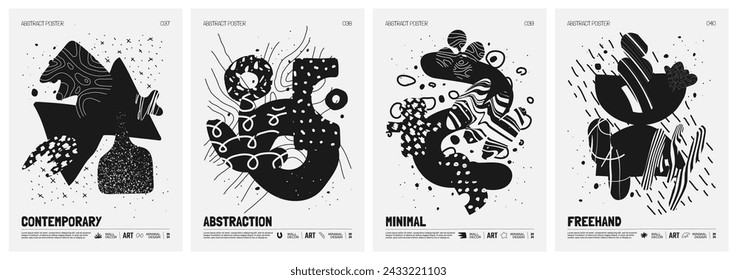 Black and White vector minimalistic Posters with bizarre abstract geometric unusual shapes and forms with textures in matisse style, Hand drawn modern wall art with aesthetic naive figures, set 10