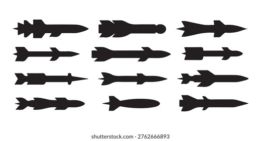 Black and white vector missile and bomb silhouettes, military weapons, explosive ordnance, and aerial munitions.