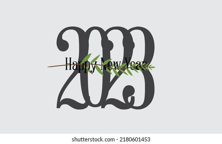 Schwarz-Weiß-Vektorgrafik moderner minimalistischer Happy New Year Card für 2023 mit großen Zahlen und grünem Urlaub 