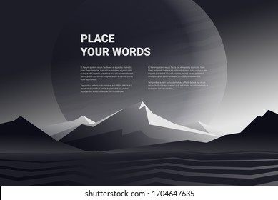 Black and white vector mountains with fog. Minimalistic vector landscape with a big planet for your design. Magical hill silhouette background.