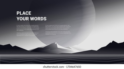  Montañas vectoriales en blanco y negro con niebla. Un paisaje vectorial minimalista con un gran planeta para su diseño. Fondo mágico de silueta de colina.