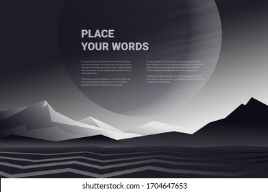 Black and white vector mountains with fog. Minimalistic vector landscape with a big planet for your design. Magical hill silhouette background.