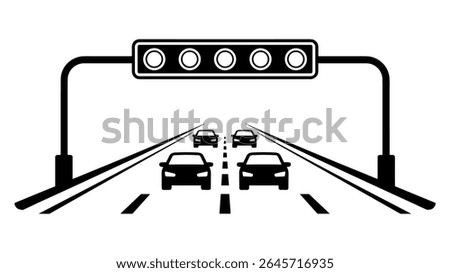 Black and white vector of multiple cars on highway under overhead traffic signal


