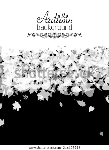 Black and white\
vector nature background. Set of various white leaves silhouettes\
on black background. There are places for your text at the bottom\
and on the top of the\
image.