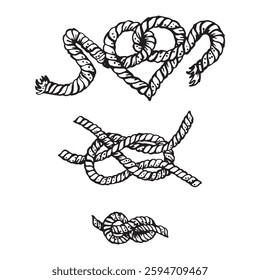 Black and white vector nautical knots, one of which is heart shaped