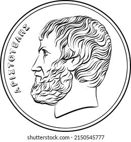 Black and white vector obverse of Greek money, 5 drachmas coin with Aristotle profile