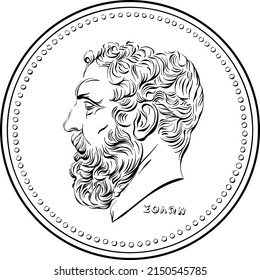 Black and white vector obverse of Greek money, 50 drachmas coin with Solon profile