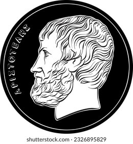 Black and white vector obverse of Greek money, 5 drachmas coin with Aristotle profile