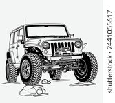 black and white vector off road car drawing sketch, 4x4, suv
