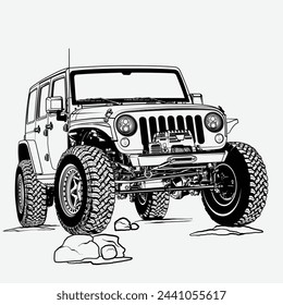 black and white vector off road car drawing sketch, 4x4, suv svg