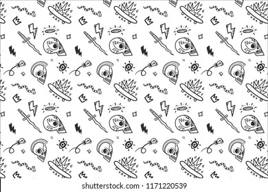 Black and white vector old school tattoos pattern on white background, doodle illustration