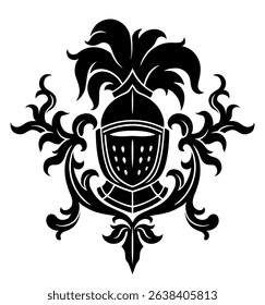 Black and white vector old style decoration with knight helmet.