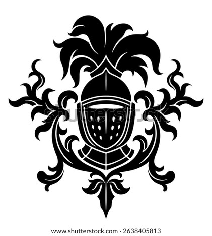 Black and white vector old style decoration with knight helmet.