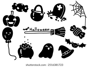 Black and white vector on white background conveys Halloween. It is a cute cartoon style with handwritten lettering that says Halloween, a festival held every year on October 31st.