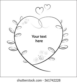 Black and white vector ornament. Hearts, flowers, leaves.