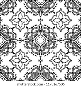 Black and white vector ornamental greek seamless pattern. Abstract monochrome patterned geometric background. Floral hand drawn vintage ornament. Wave lines, shapes, damask flowers, greek key, meander