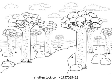 Black white vector outline African Madagascar baobab street or avenue. Doodle cartoon hand drawn landscape illustration of trees, sky, road, African plants, bushes, clouds, grass for coloring book