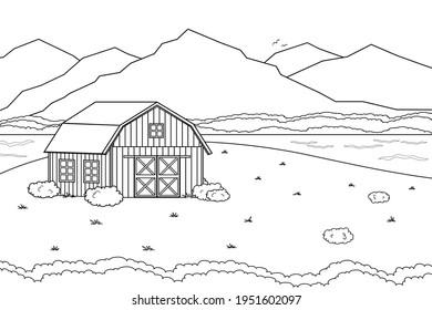 Black white Vector outline cartoon summer spring landscape countryside scene with field house river illustration. Hand drawn doodle red barn, mountains, Forest trees bushes and river lake, birds